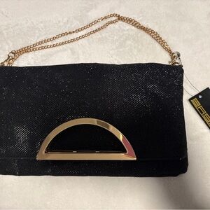 Esley Black and Gold Velvet Clutch with Chain